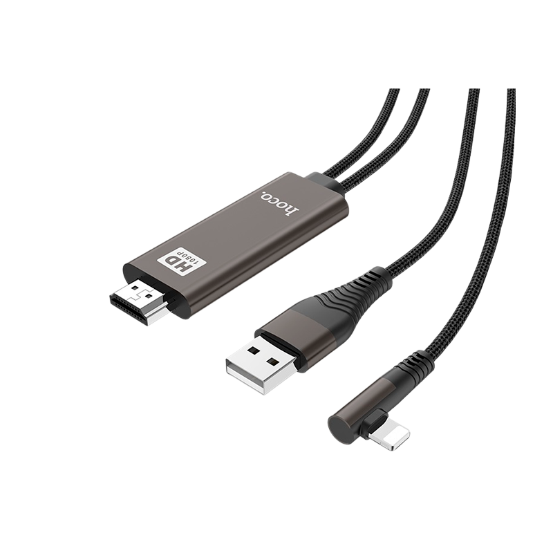 Кабель HOCO UA14 USB (m)-Lightning/HDMI (m) 2.0м 2.0A нейлон черный (1/82)