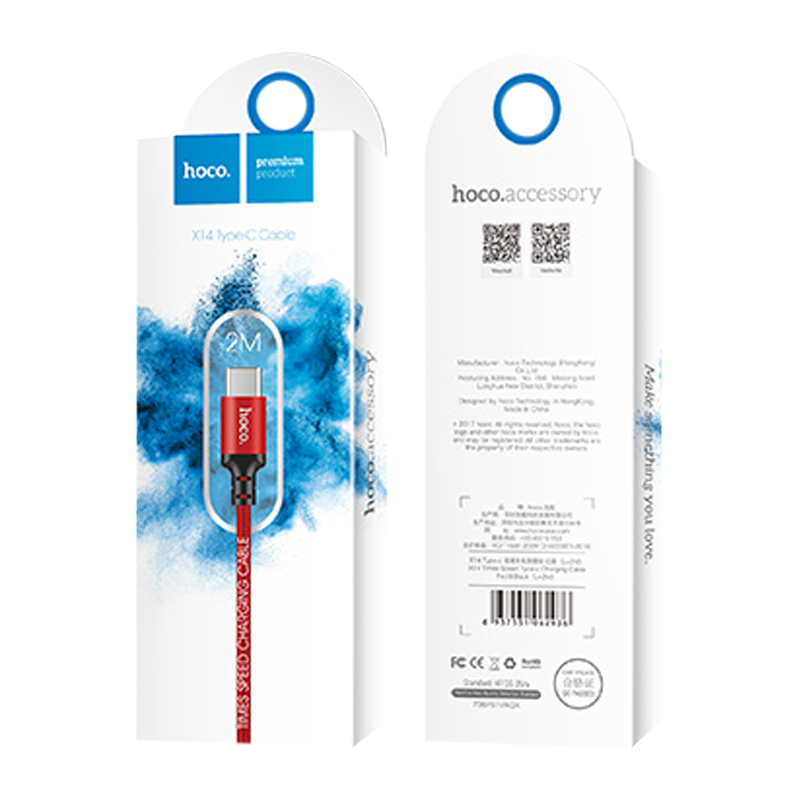 Кабель HOCO X14 USB (m)-Type-C (m) 2.0м 1.7A нейлон красный черный (1/33/330)
