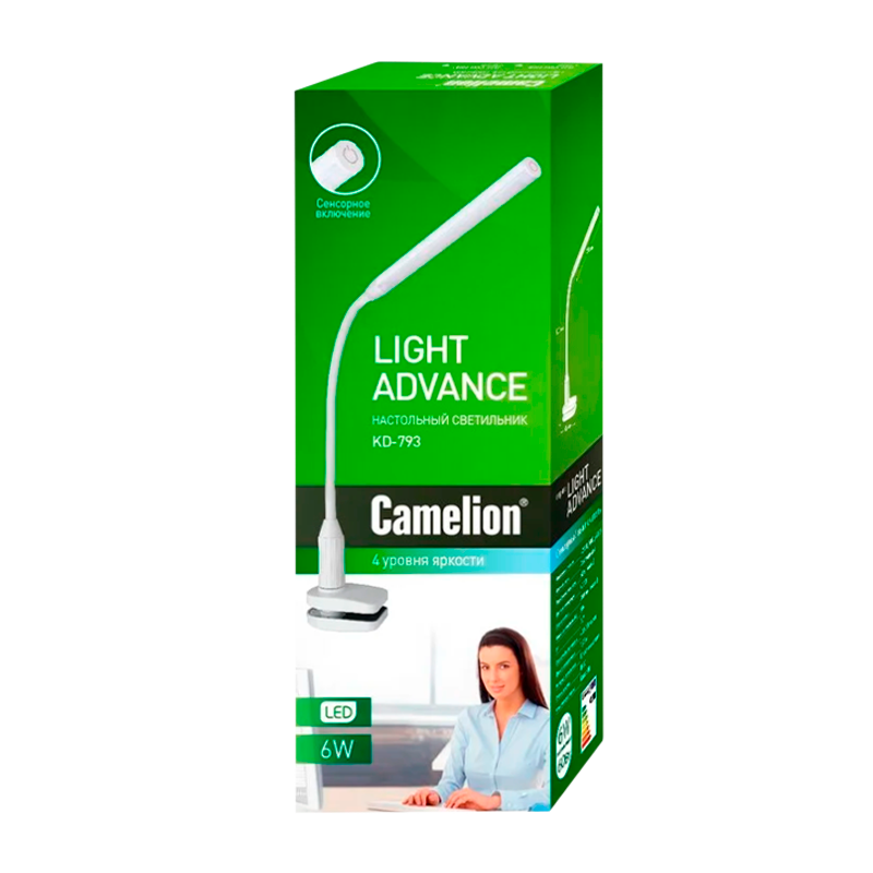 Светильник настольный Camelion KD-793 6W 230V 1LED струбцина сенс. 4 ур.ярк. +лампа черный (1/12)