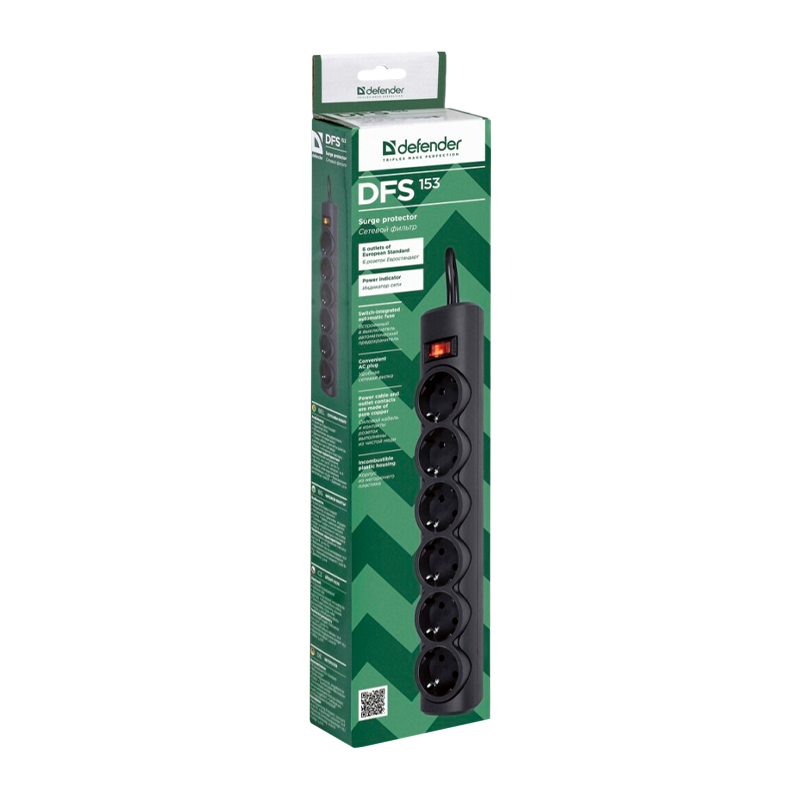Сетевой фильтр Defender DFS 153 6р.С/З 10A 125 Дж 3.0м черный (1/30)