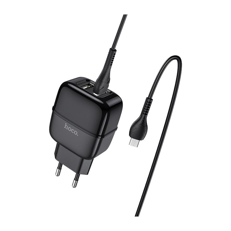 Сетевое З/У HOCO C77A 2USB 2.4A с кабелем microUSB черный (1/12/120)