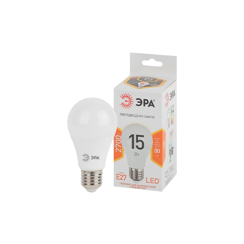 Лампа светодиодная ЭРА A60 E27 15W 2700К 170-265V груша (1/10/100)