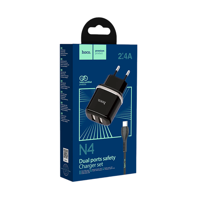 Сетевое З/У HOCO N4 2USB 2.4A с кабелем microUSB черный (1/12/120)
