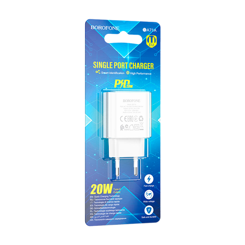 Сетевое З/У Borofone BA71A 1USB/Type-C 20W QC3.0 белый (1/75/300)