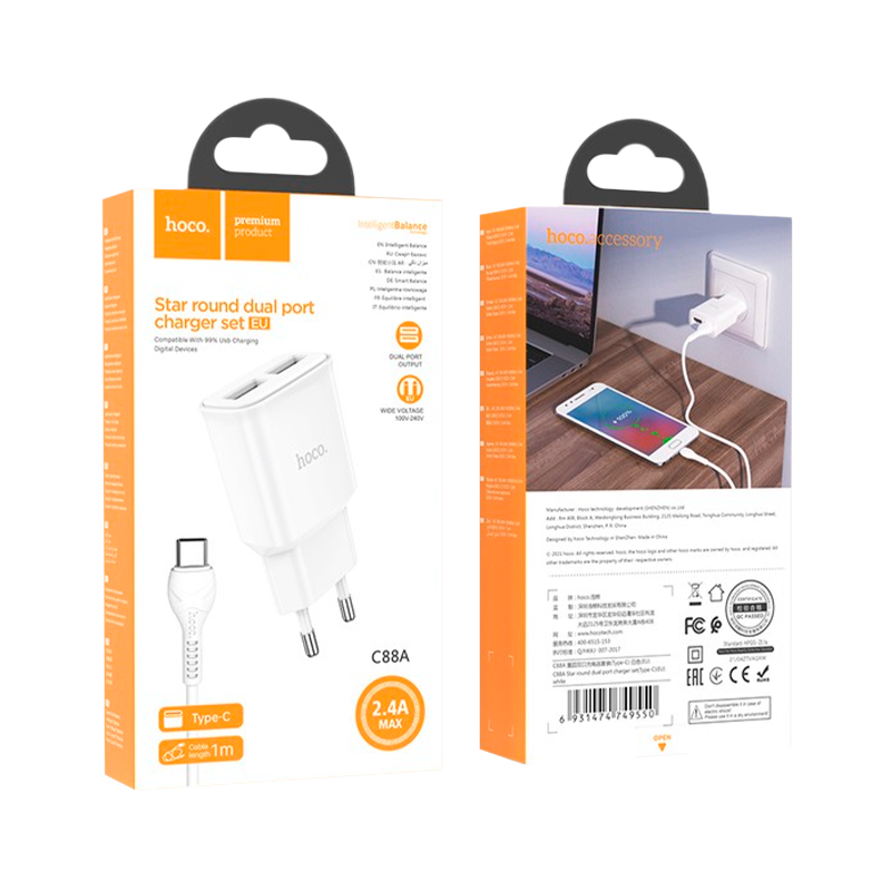 Сетевое З/У HOCO C88A 2USB 2.4A с кабелем Type-C белый (1/12/120)