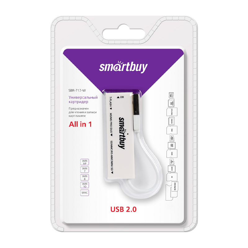 Картридер Smartbuy 717 USB2.0 SD/microSD/MS/M2 белый