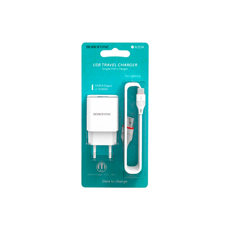 Сетевое З/У Borofone BA20A 1USB 2.1A с кабелем Type-C белый (1/48/192)