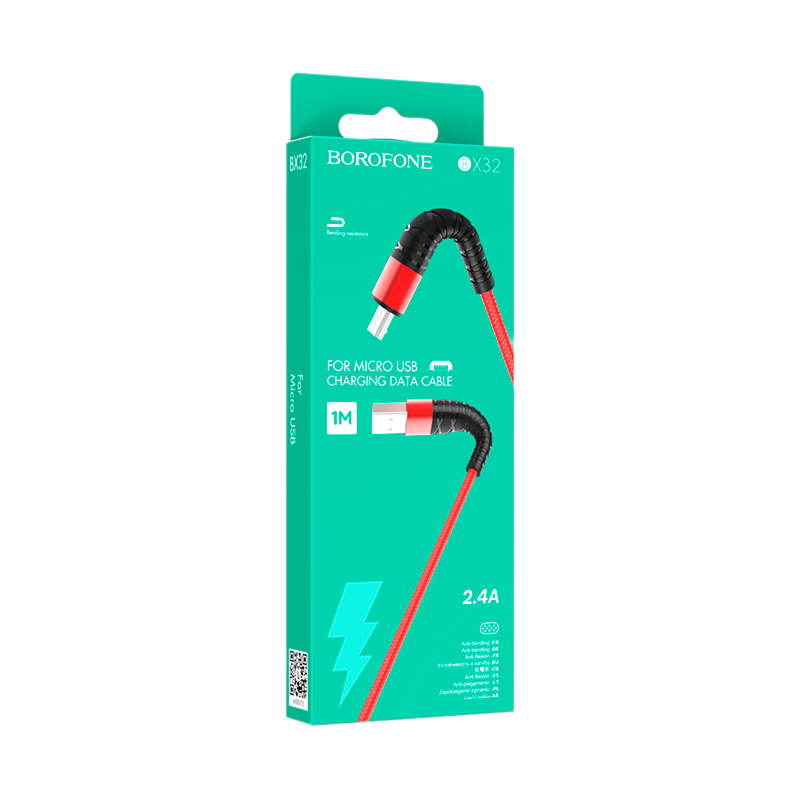 Кабель Borofone BX32 USB (m)-microUSB (m) 1.0м 2.4A нейлон красный (1/360)
