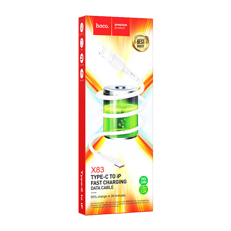 Кабель HOCO X83 Lightning (m)-Type-C (m) 1.0м 3.0A 20W ПВХ белый (1/33/330)
