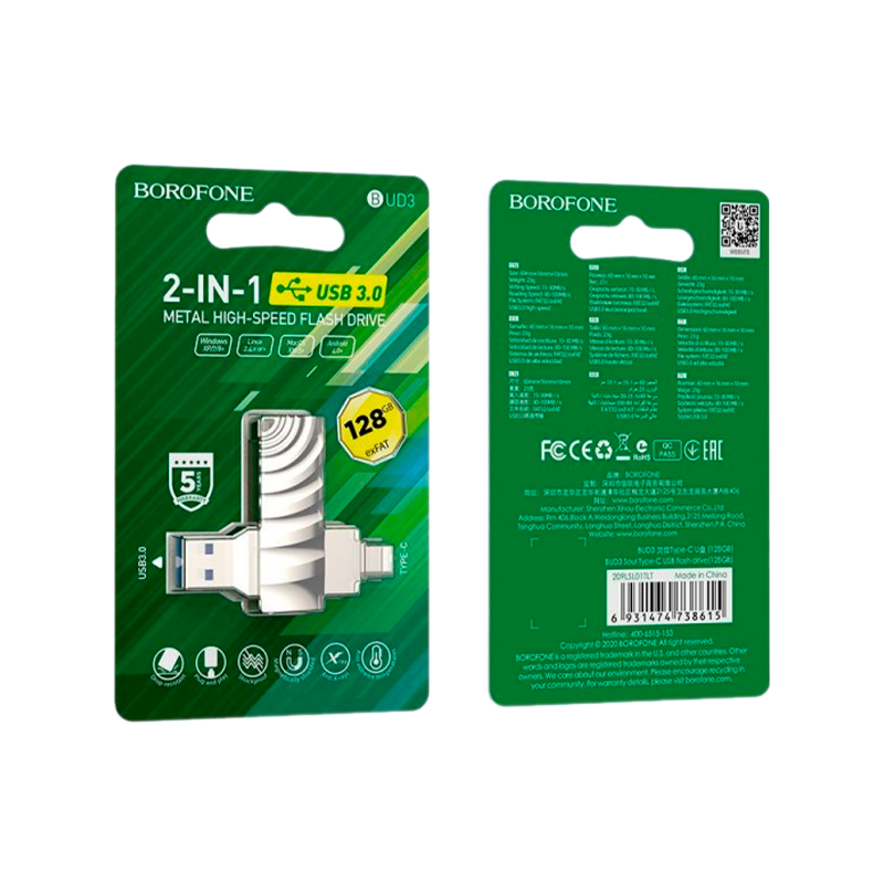 Флеш-накопитель Borofone Soul BUD3 128GB USB3.0 Type-C (m) металл серый (1/25)