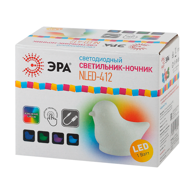 Ночник ЭРА NLED-412 1W 220V на основании рег.ярк./цвета белый (1/100)
