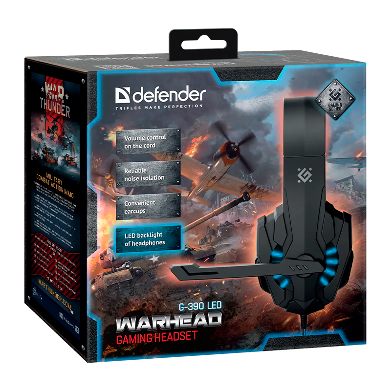 Наушники полноразмерные Defender G-390 Warhead с микр. игровые LED черный синий (1/20)