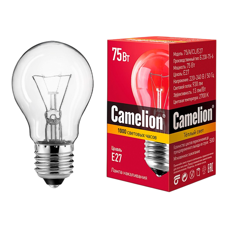 Лампа накаливания Camelion E27 75W 220V груша прозрачная (1/100)