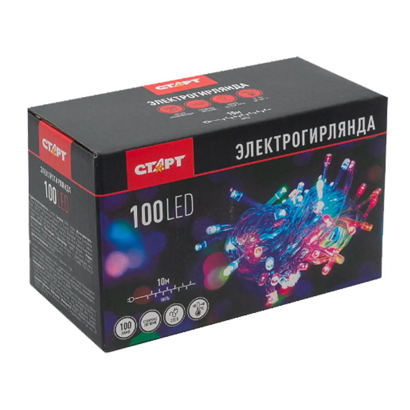 Гирлянда Старт НГ 100LED 10.0м лампочки нить 1 режим ассорти