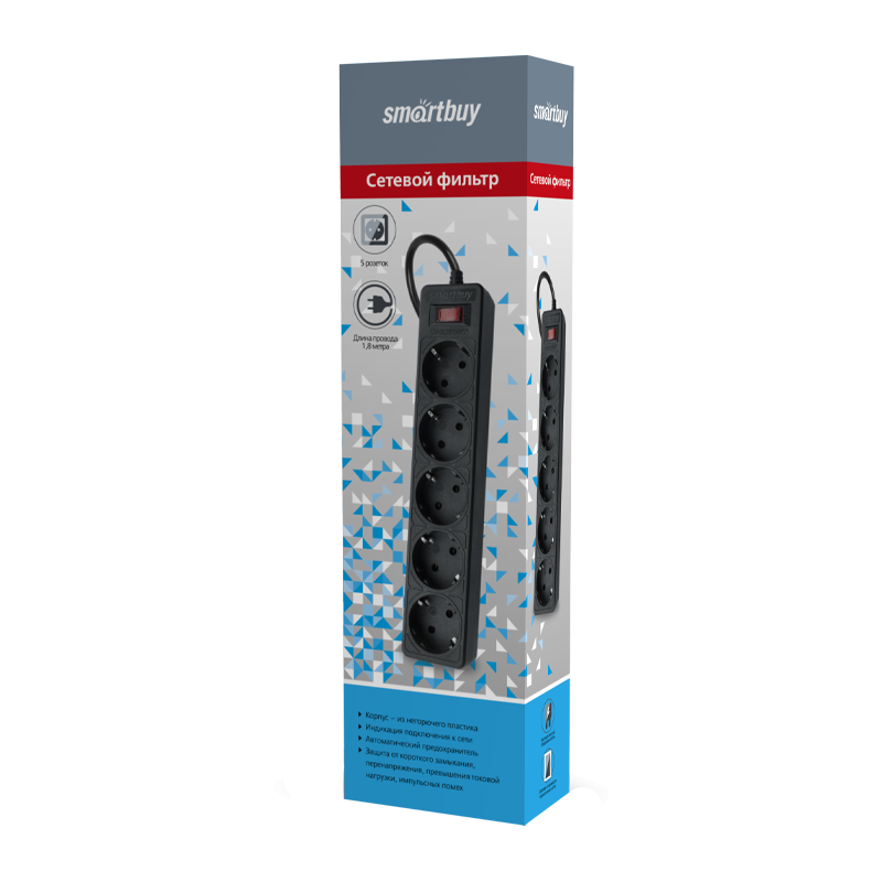 Сетевой фильтр Smartbuy SBSP 5р.С/З 10A 5.0м черный (1/35)