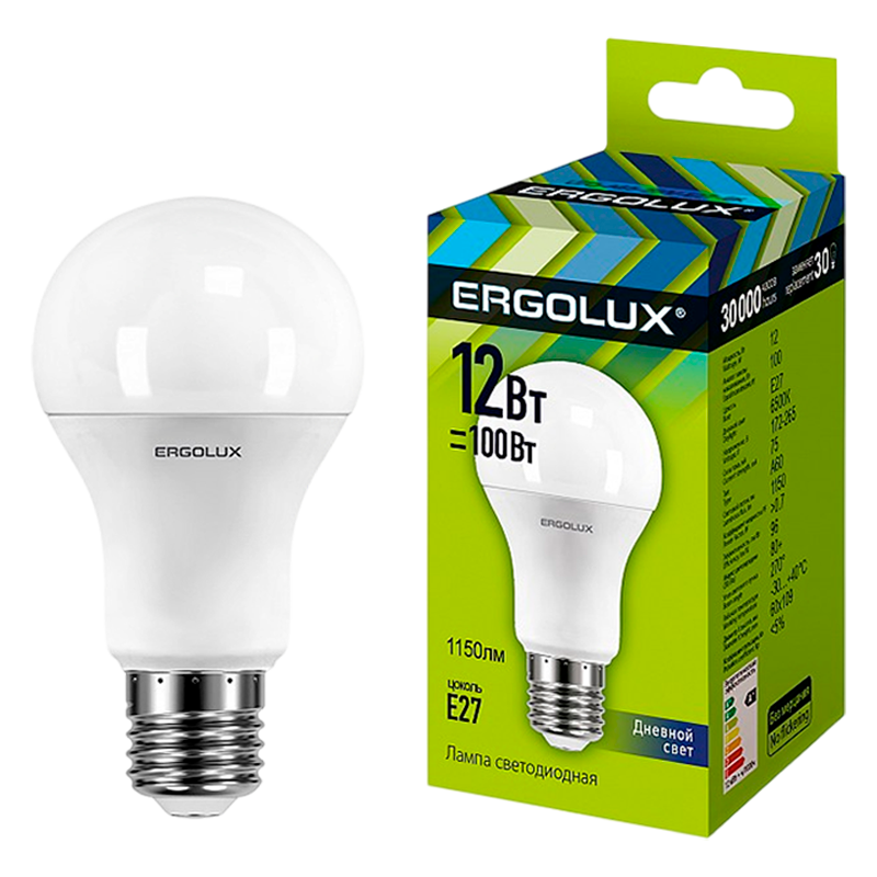 Лампа светодиодная Ergolux A60 E27 12W 6500К 172-265V груша ЛОН (1/10/100) 