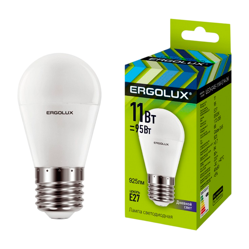Лампа светодиодная Ergolux G45 E27 11W 6000К 172-265V шар (1/10/100)