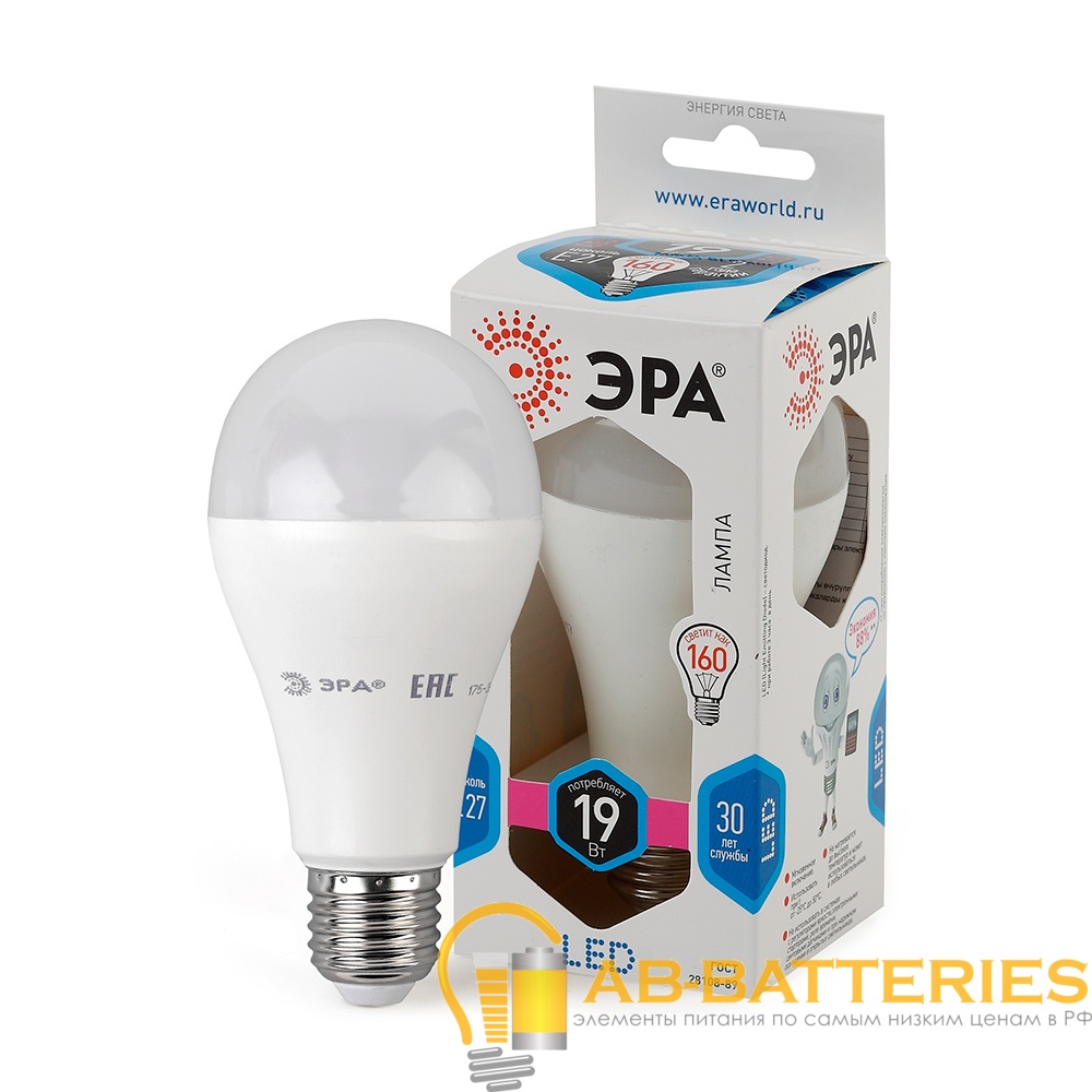 Лампа светодиодная ЭРА A65 E27 19W 6000К 170-265V груша Eco (1/10/100)