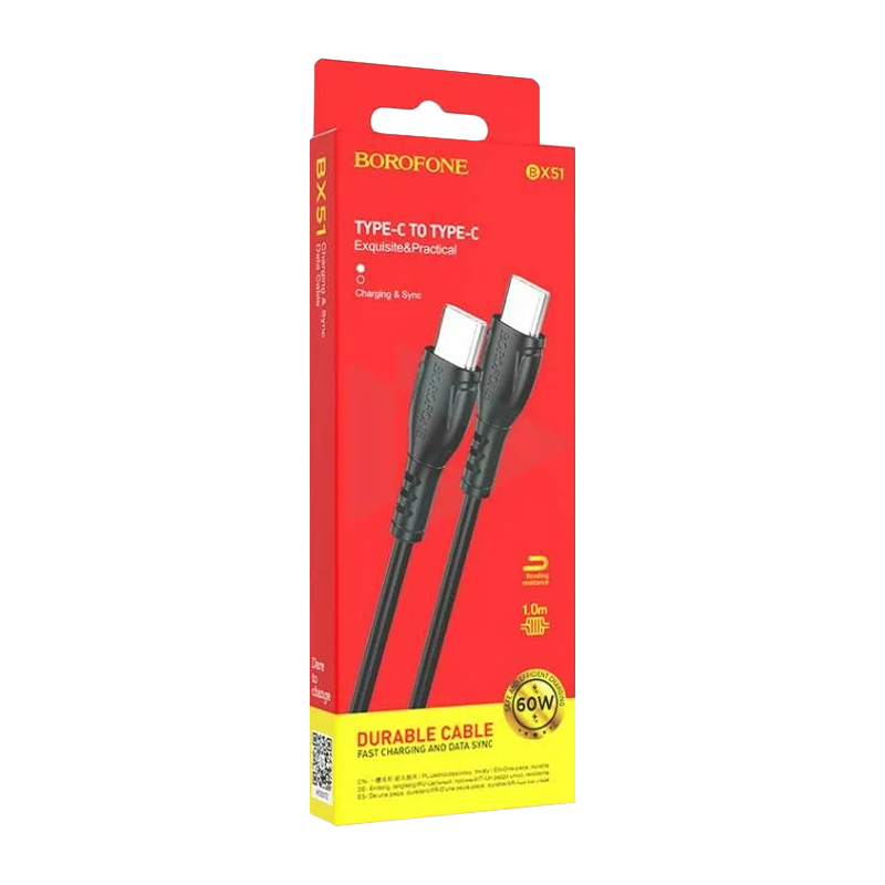 Кабель Borofone BX51 Type-C (m)-Type-C (m) 1.0м 3.0A 60W ПВХ черный (1/360)