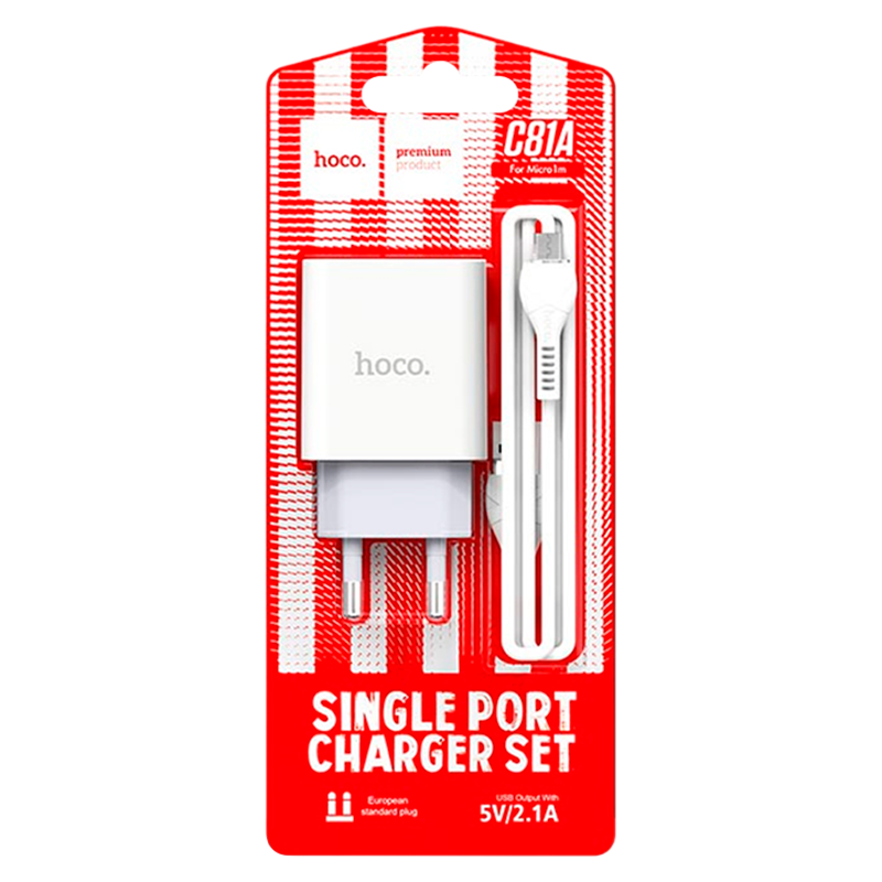 Сетевое З/У HOCO C81A 1USB 2.1A с кабелем microUSB белый (1/23/138)