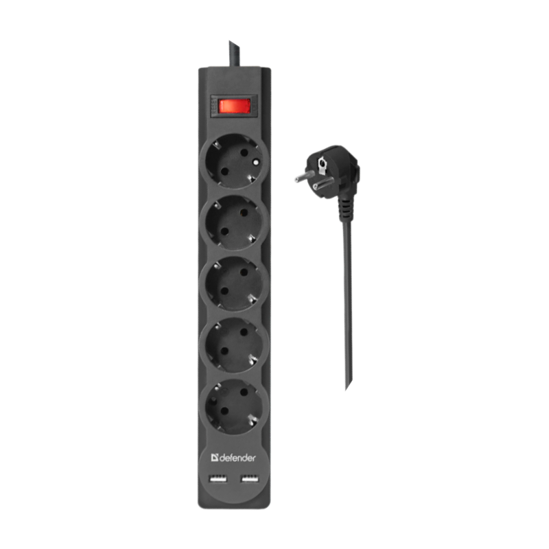 Сетевой фильтр Defender DFS 755 5р.С/З 10A 2USB 220 Дж 5.0м черный (1/30)