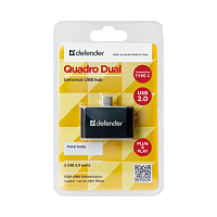 Переходник Defender Quadro Dual Type-C (m)-2xUSB (f) пластик черный (1/100)