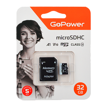 Карта памяти microSD GoPower 32GB Class10 60 МБ/сек V10 с адаптером
