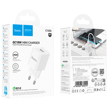 Сетевое З/У HOCO C145A 1USB 18W QC3.0 белый (1/30/180)