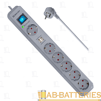 Сетевой фильтр Defender DFS 501 6р.С/З 10A 2.0м 2USB 525 Дж серый (1/30)