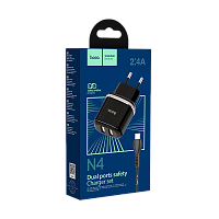 Сетевое З/У HOCO N4 2USB 2.4A с кабелем Lightning черный (1/12/120) 